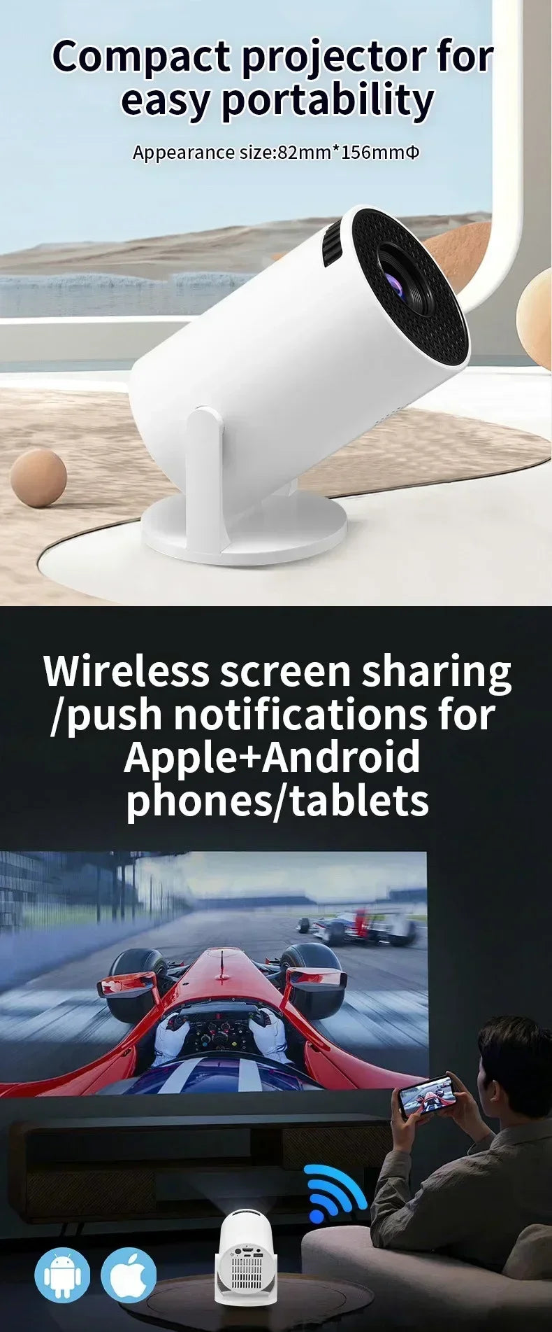 USAMR HY200 270° Rotary Projector, Full HD 1080P Portable Video Projector, Compatible with Android/iOS/PC/USB, HDMI Support