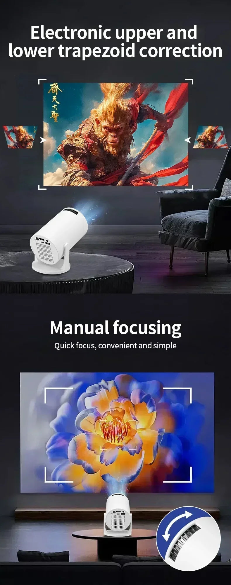 USAMR HY200 270° Rotary Projector, Full HD 1080P Portable Video Projector, Compatible with Android/iOS/PC/USB, HDMI Support